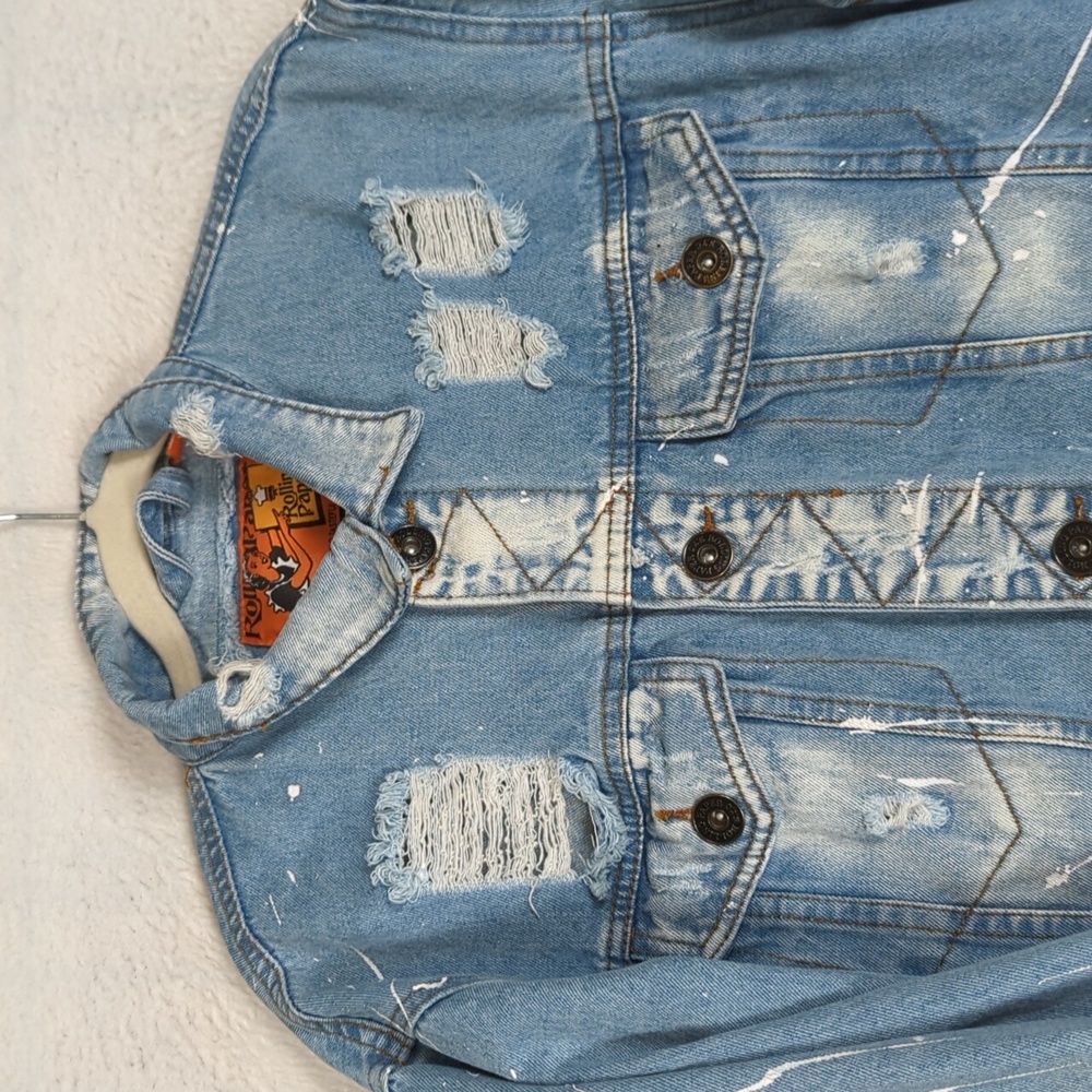 Rolling Paper Women's Blue Distressed Paint Flecked Denim Jacket Size‎ M - Picture 3 of 8